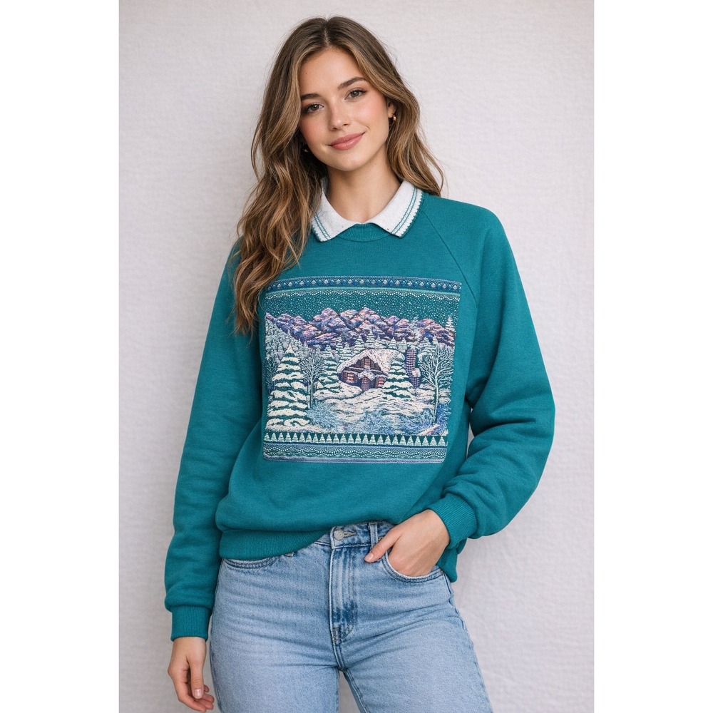 Vintage 90s Gopher Sport Teal Green Grannycore Collared Sweatshirt L cottagecore